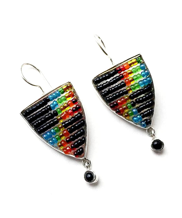 Black Rainbow Beaded Glass with Onyx Double Drop Earrings