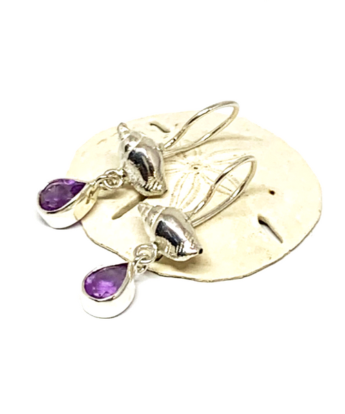 Cast Sterling Shell with Faceted Amethyst Stone Double Drop Earrings