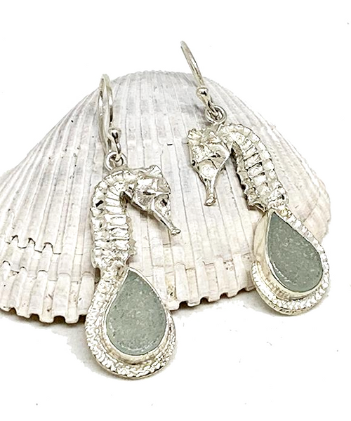 Sea Horse & Soft Aqua Sea Glass Earrings