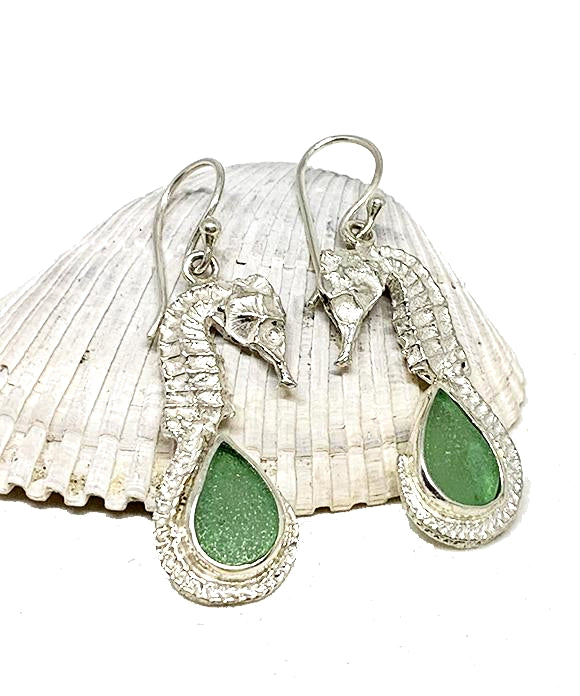 Sea Horse & Green Sea Glass Earrings
