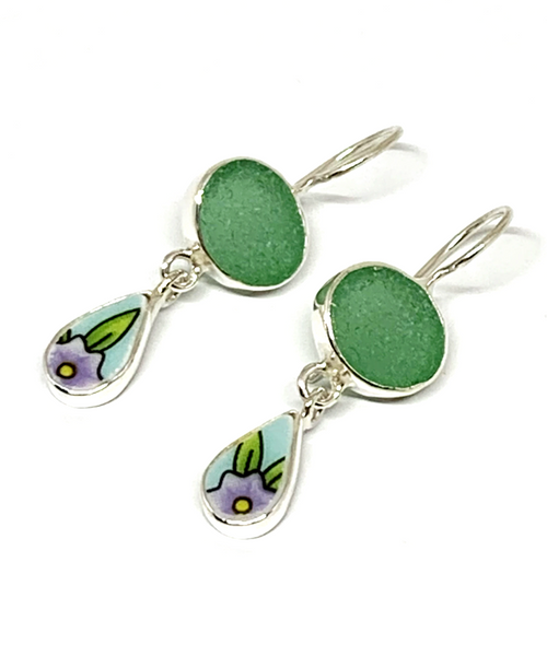 Turquoise Sea Glass & Purple Flower Vintage Pottery Double Drop Earrings