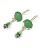Turquoise Sea Glass & Purple Flower Vintage Pottery Double Drop Earrings