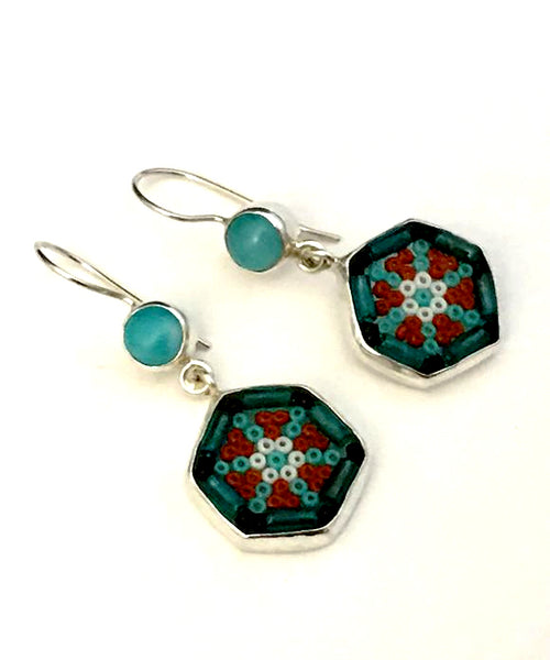 Turquoise & Rust Beaded Glass with Amazonite Stone Double Drop Earrings