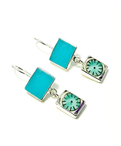 Turquoise Stained Glass with Bold Green & Purple Vintage Pottery Double Drop Earrings
