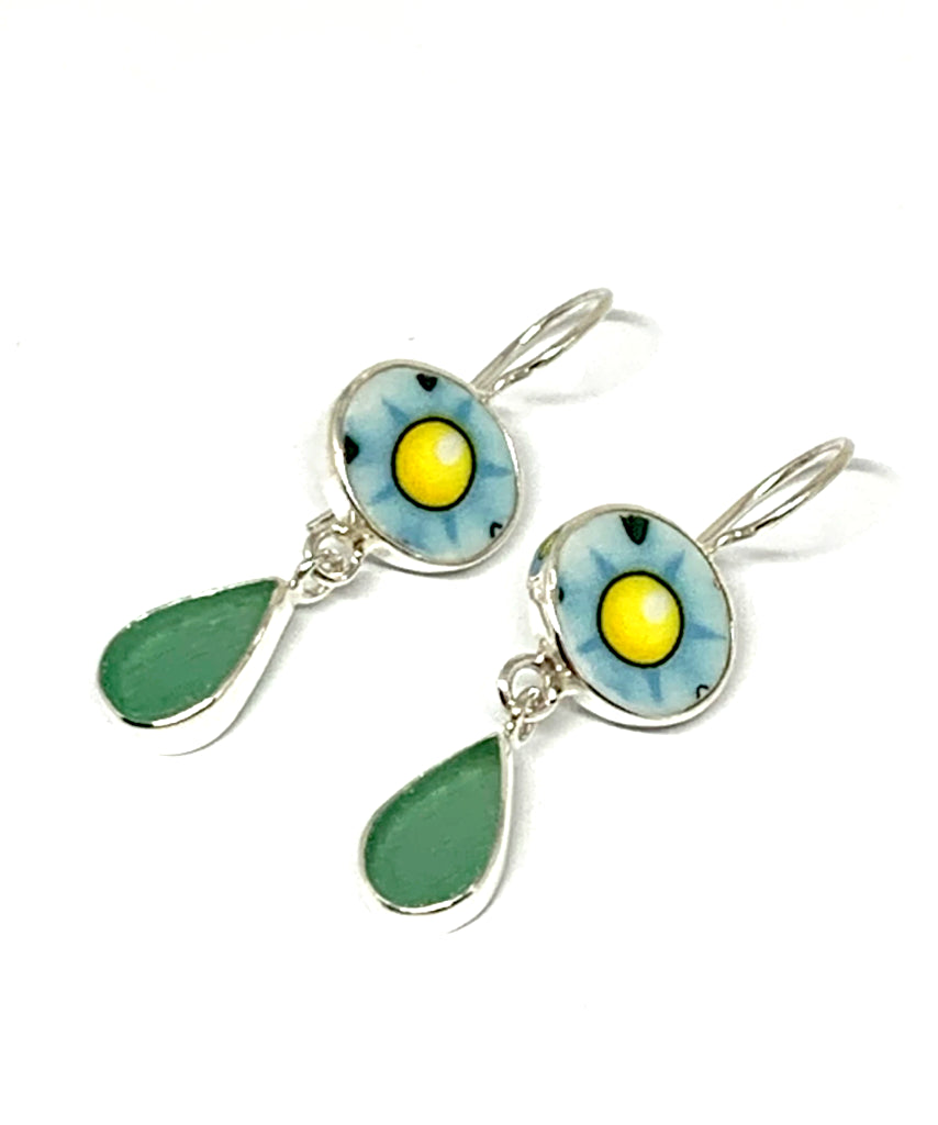 Turquoise & Yellow Flower Vintage Pottery with Turquoise Sea Glass Double Drop Earrings