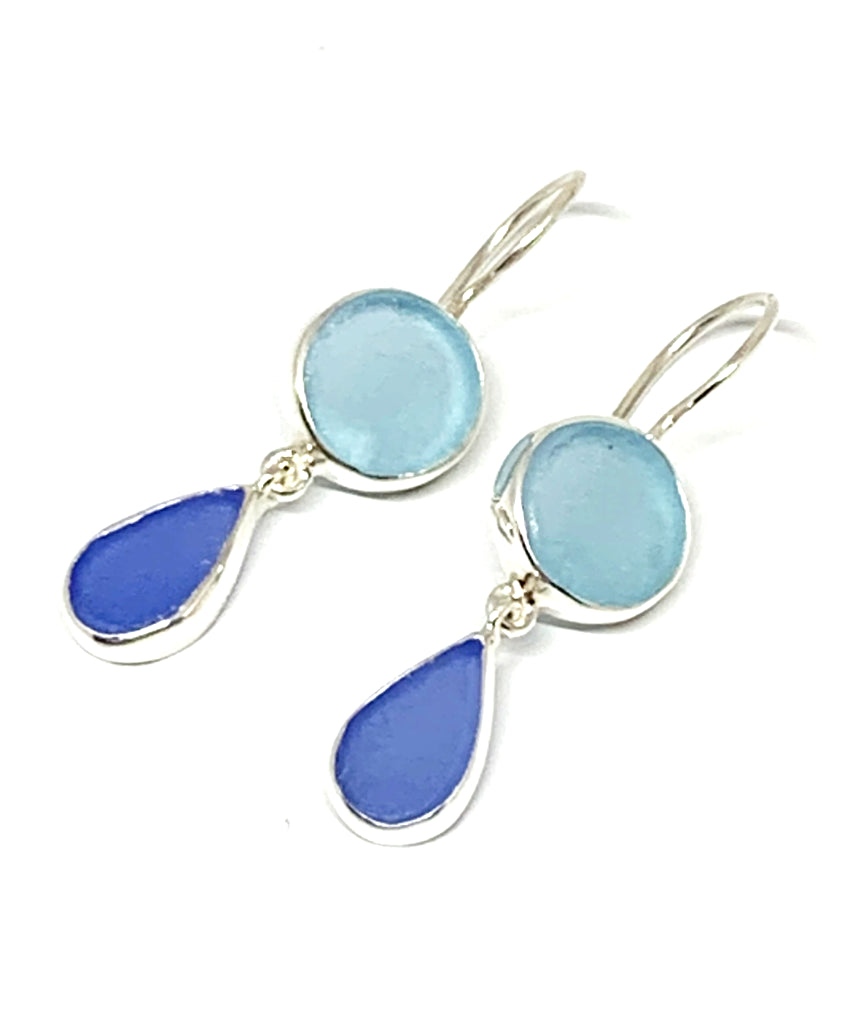 Bright Aqua and Blue Sea Glass Double Drop Earrings