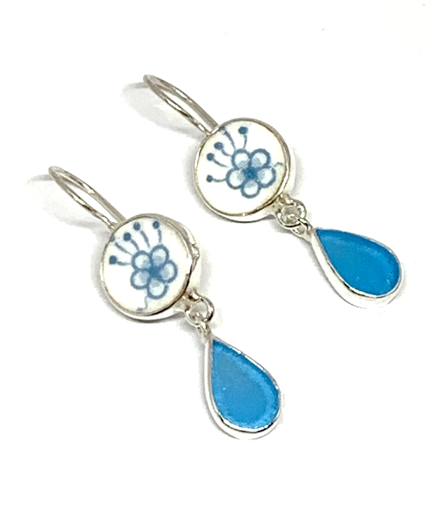 Aqua Floral Vintage Pottery with Turquoise Sea Glass Double Drop Earrings