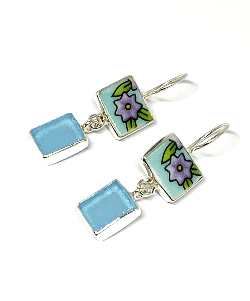 Purple Flower on Aqua Vintage Pottery with Aqua Sea Glass Double Drop Earrings