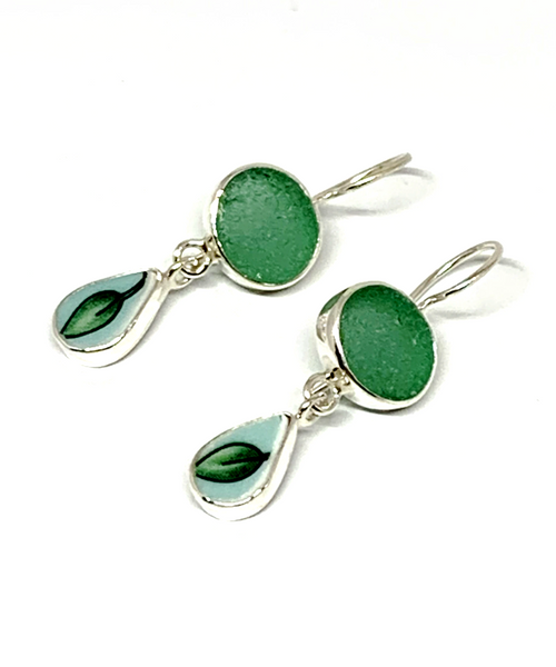 Turquoise Sea Glass & Turquoise Leaf Vintage Pottery Double Drop Earrings