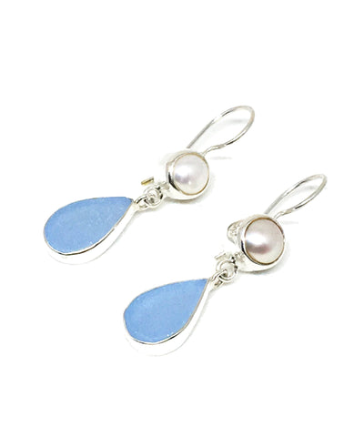 Light Blue Sea Glass with Pearl Earrings Double Drop Earrings