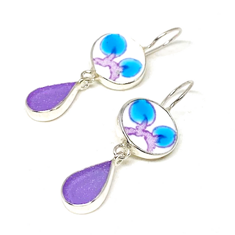 Turquoise & Purple Vintage Pottery with Frosted Purple Glass Earrings