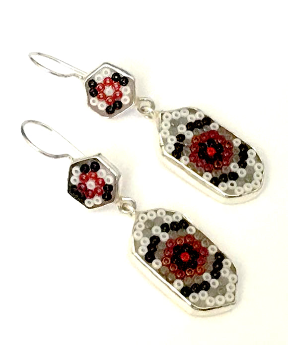 Red, White & Black Beaded Glass Double Drop Earrings