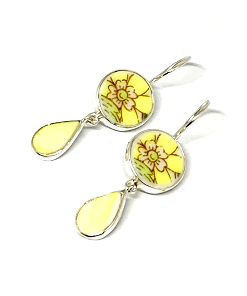 Yellow Flower Vintage Pottery with Yellow Stained Glass Double Drop Earrings
