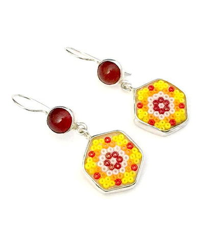 Yellow & Orange Beaded Glass with Carnelian Stone Double Drop Earrings