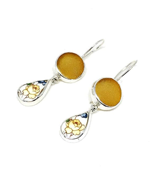 Amber Sea Glass & Yellow Flower Vintage Pottery Double Drop Earrings