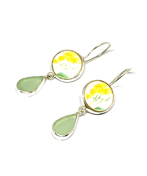 Yellow Floral Vintage Pottery with Coke Bottle Blue Sea Glass Double Drop Earrings
