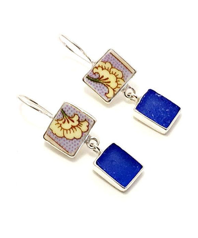 Yellow Flower Vintage Pottery with Blue Sea Glass Double Drop Earrings