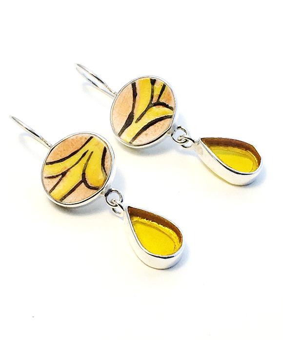 Orange & Yellow Vintage Pottery with Yellow Stained Glass Double Drop Earrings
