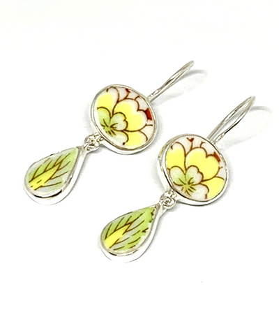 Yellow, Rust & Green Flower & Leaf Vintage Pottery Double Drop Earrings