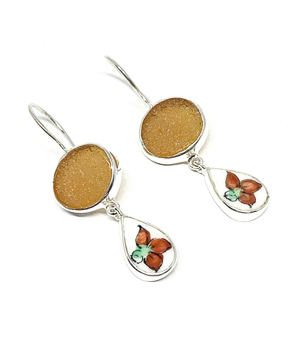 Rich Amber Sea Glass with Orange Floral Vintage Pottery Double Drop Earrings