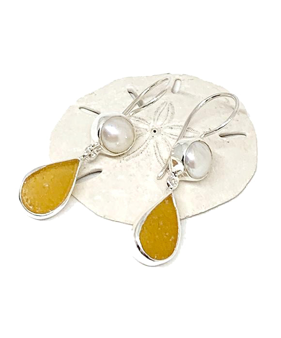 Amber Sea Glass with Pearl Earrings Double Drop Earrings