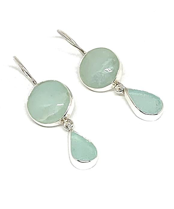 Chalcedony Stone with Coke Bottle Blue Sea Glass Double Drop Earrings