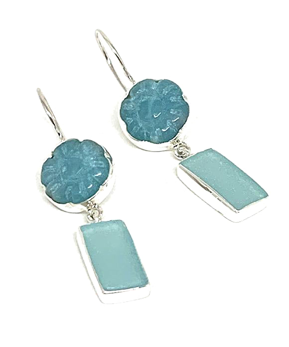 Hand Carved Amazonite Flower with Aqua Sea Glass Rectangles Double Drop Earrings