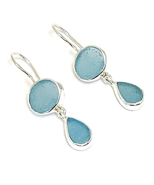 Aqua Sea Glass Double Drop Earrings