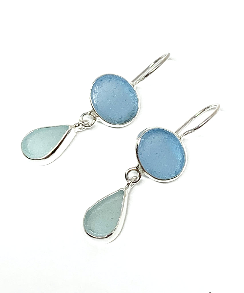 Shades of Aqua Sea Glass Double Drop Earrings