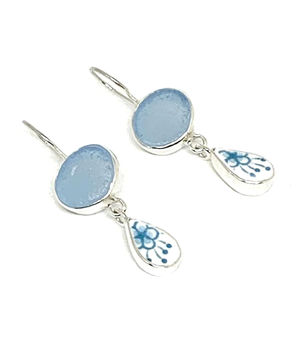 Light Blue Sea Glass with Aqua & White Flower Vintage Pottery Double Drop Earrings