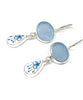 Light Blue Sea Glass with Aqua & White Flower Vintage Pottery Double Drop Earrings