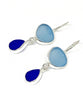Dark Aqua & Cobalt Sea Glass Double Drop Earrings