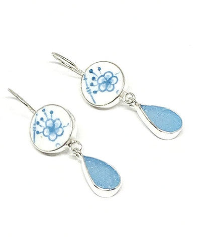 Aqua Floral Vintage Pottery with Bright Aqua Sea Glass Double Drop Earrings