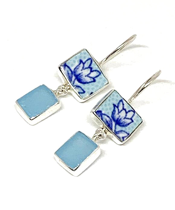 Aqua & Blue Flower Vintage Pottery with Aqua Sea Glass Double Drop Earrings