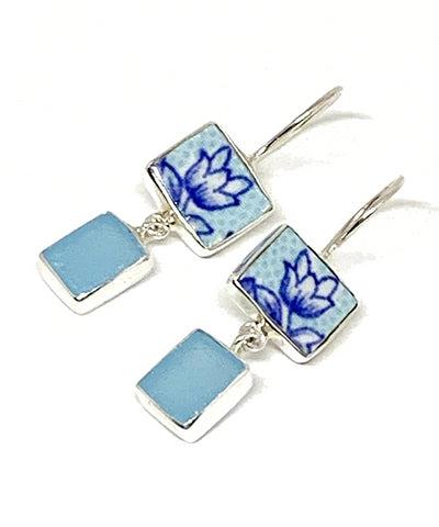 Aqua & Blue Flower Vintage Pottery with Aqua Sea Glass Double Drop Earrings