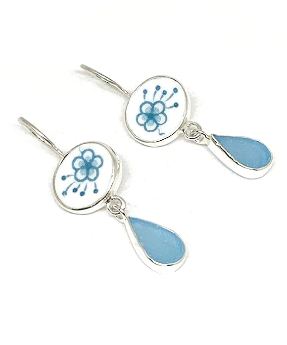 Aqua & White Flower Vintage Pottery with Aqua Sea Glass Double Drop Earrings