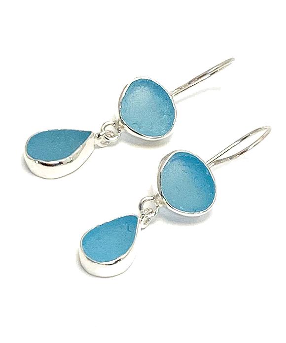 Shades of Aqua Natural Shape Sea Glass Double Drop Earrings