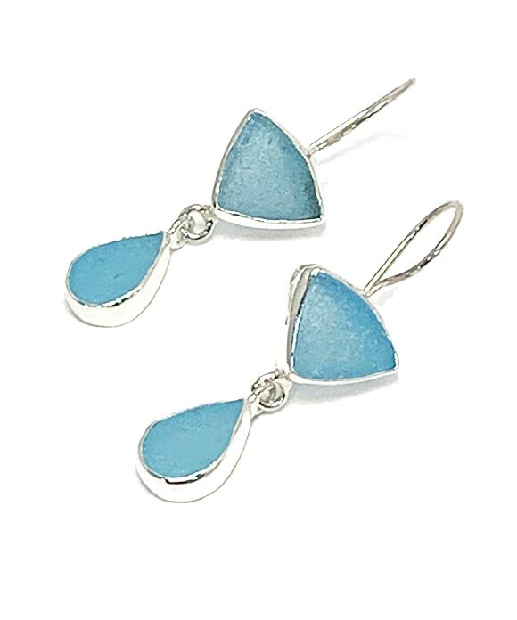 Shades of Aqua Sea Glass Double Drop Earrings