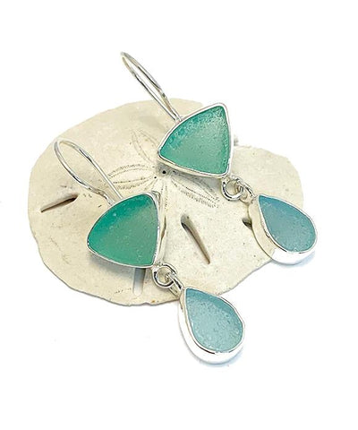 Shades of Coke Bottle Blue Multi Shape Sea Glass Double Drop Earrings