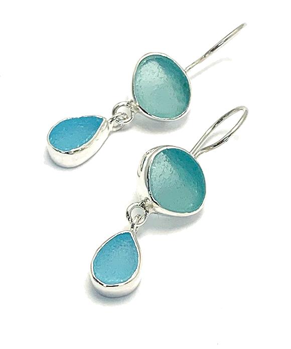 Aqua with Turquoise Natural Shape Sea Glass Double Drop Earrings