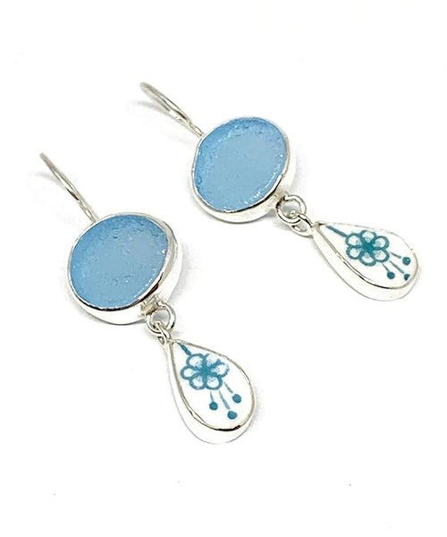 Bright Aqua Sea Glass & Aqua Floral Vintage Pottery Double Drop Earrings
