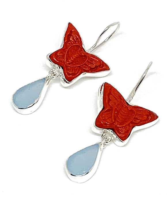 Hand Carved Cinnabar Butterfly with Light Blue Sea Glass Double Drop Earrings