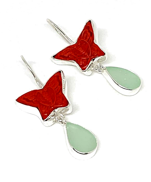 Hand Carved Cinnabar Butterfly with Coke Bottle Blue Sea Glass Double Drop Earrings