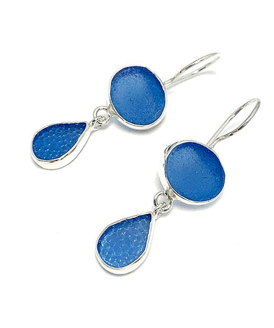 Blue with Textured Blue Sea Glass Double Drop Earrings