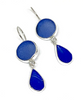 Round Blue and Textured Cobalt Drop Sea Glass Double Drop Earrings