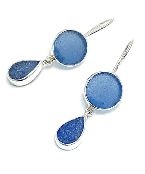 Round Blue & Cobalt Sea Glass Double Drop Earrings