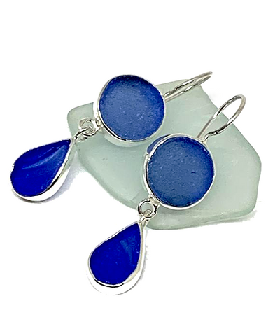 Round Blue and Textured Cobalt Drop Sea Glass Double Drop Earrings