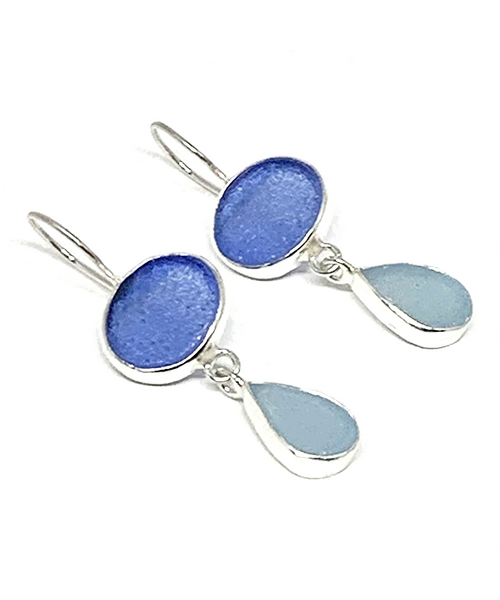 Blue & Aqua Sea Glass Double Drop Earrings