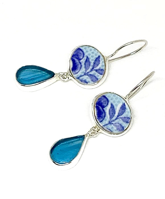 Aqua & Blue Floral Vintage Pottery with Aqua Stained Glass Double Drop Earrings