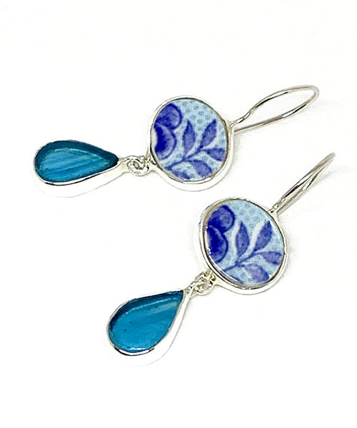 Aqua & Blue Floral Vintage Pottery with Aqua Stained Glass Double Drop Earrings